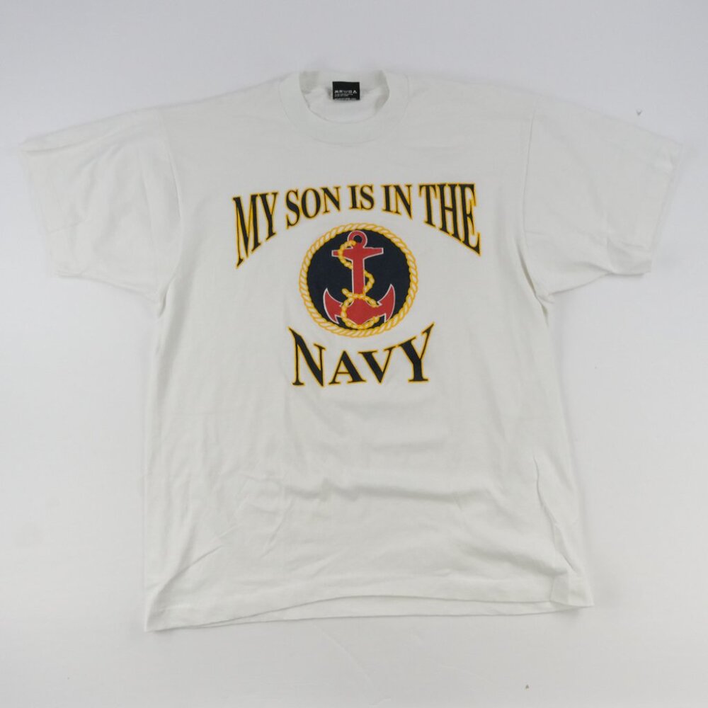 Vintage My Son is in the Navy T-shirt Sz. Large Screen Stars Best White 90's